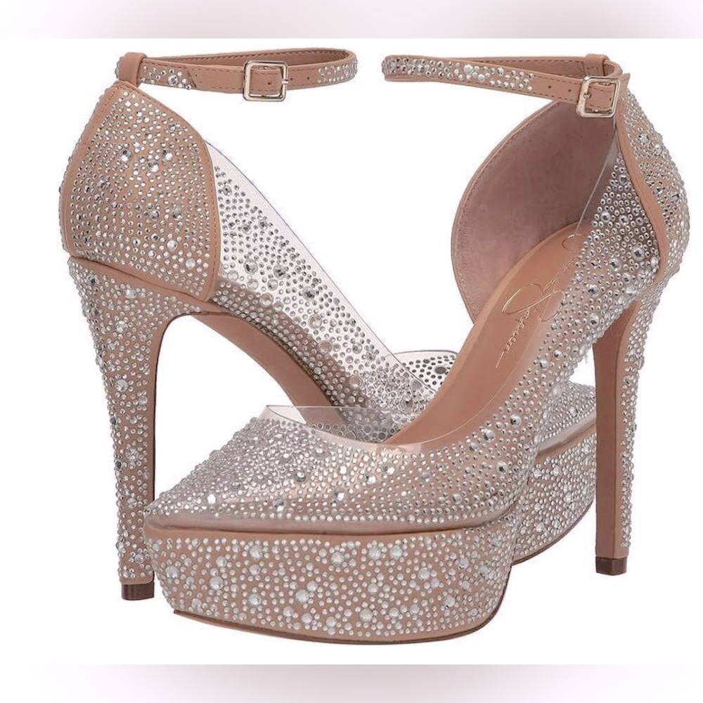 Jessica Simpson Ormanda Embellished Platform Pumps. Beige 4-3/4" heel. Sz 6.5